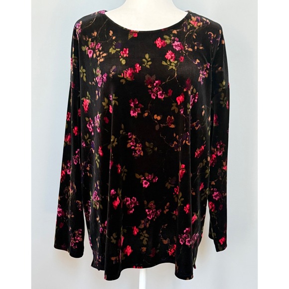J. Jill Tops - J. Jill Velvet Long Sleeve Tunic Top Black Pink Floral Soft Velour Size 2X
